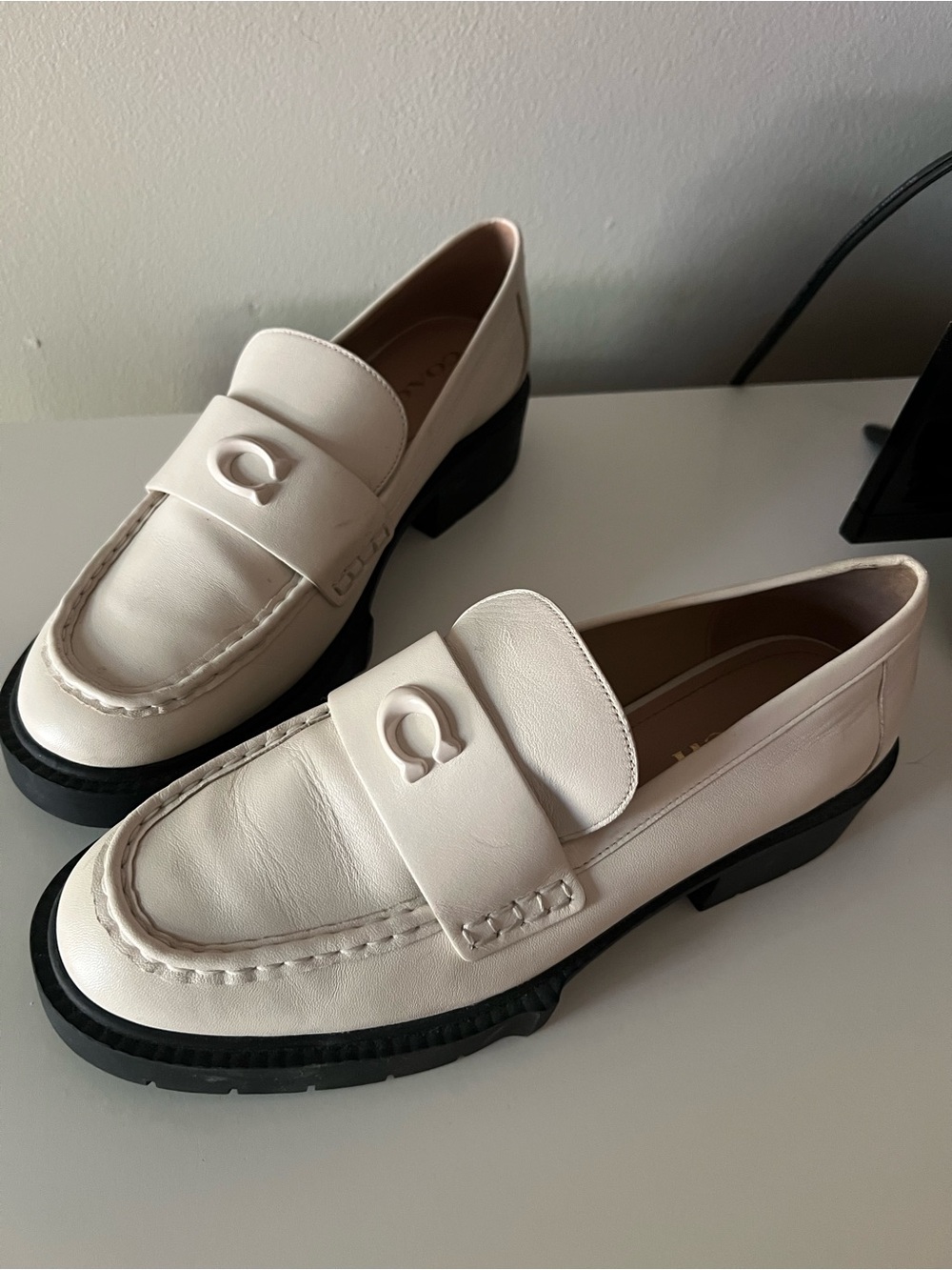 Coach White Leah Leather Loafers with Black Lug Sole - Picture 3 of 6